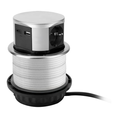 Trano Einbausteckdose Ø10cm, 3x Schuko Typ F, 2x USB A+C 3A, 1,5m Kabel, Aluminium Silber, 3680W, IP20