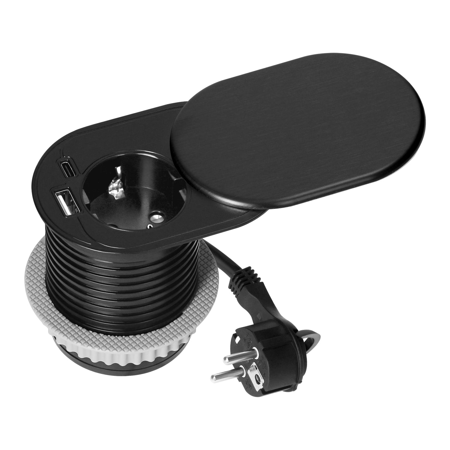 Trano Einbau Steckdose Ø60mm mit Schuko 3680W + USB-A & USB-C PD20W, 1,9m Kabel, Silber/Schwarz/Weiß, IP20