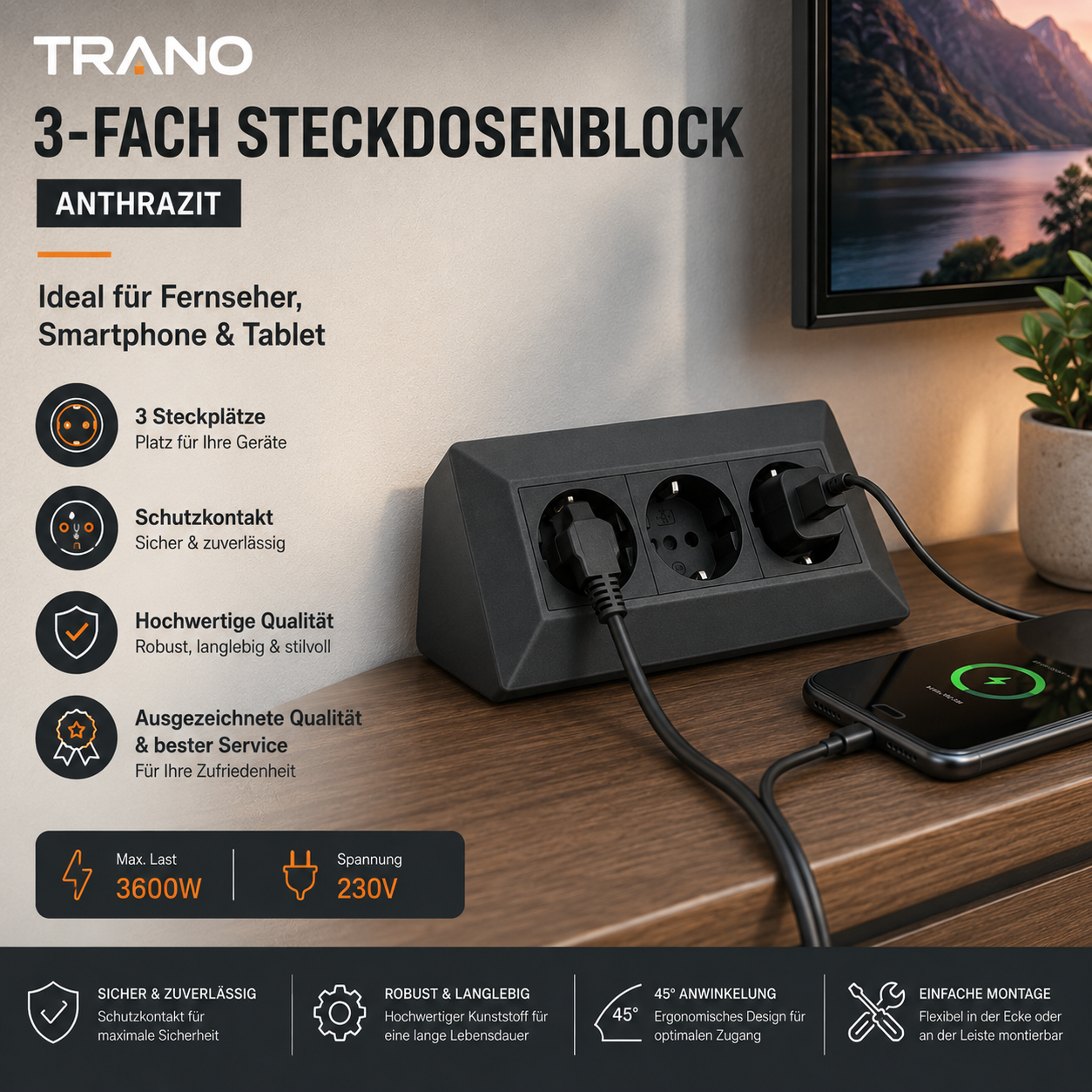 Steckdose Küche Büro 3-fach Kunststoff Ecksteckdose Tischsteckdose