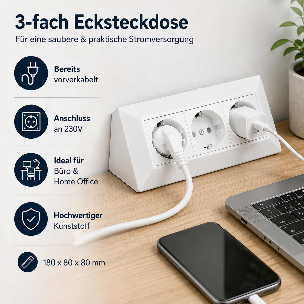 Steckdose Küche Büro 3-fach Kunststoff Ecksteckdose Tischsteckdose