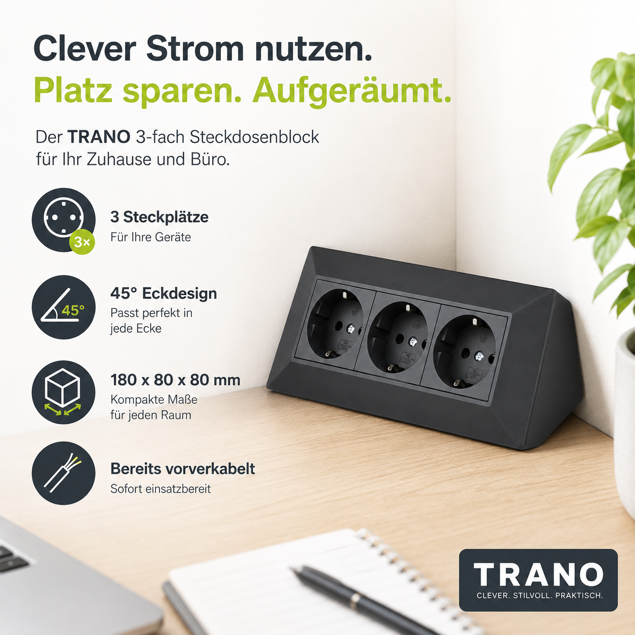 Steckdose Küche Büro 3-fach Kunststoff Ecksteckdose Tischsteckdose