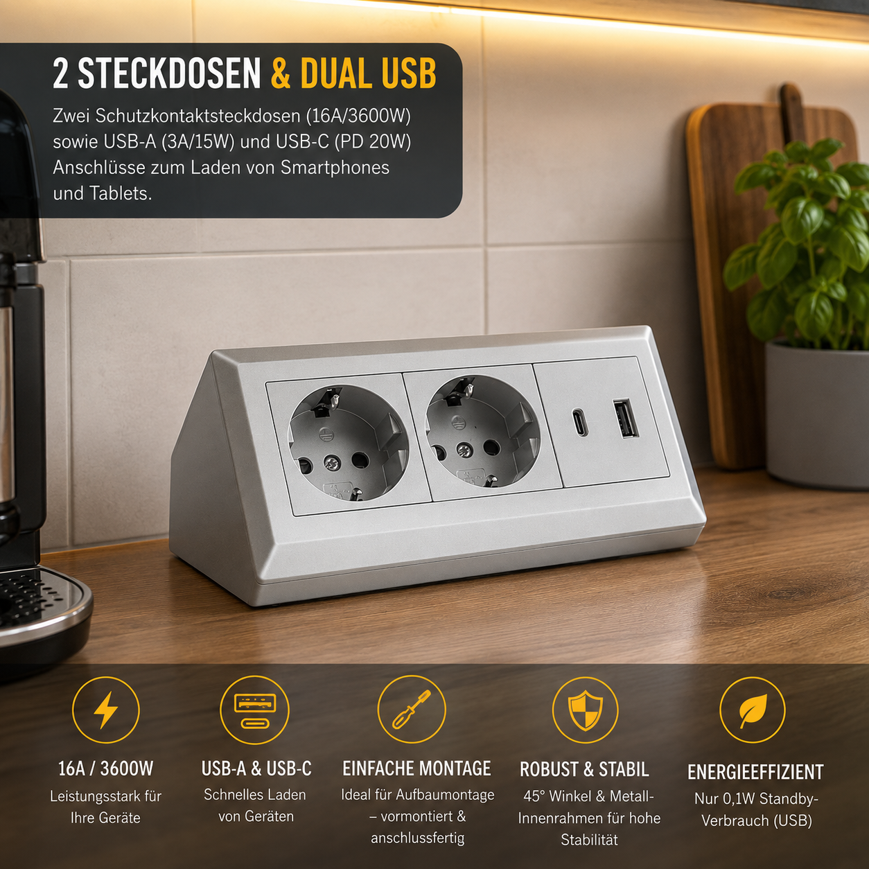 2-fach Steckdosenblock mit USB-A & USB-C – Praktische Stromversorgung in stilvollen Farben