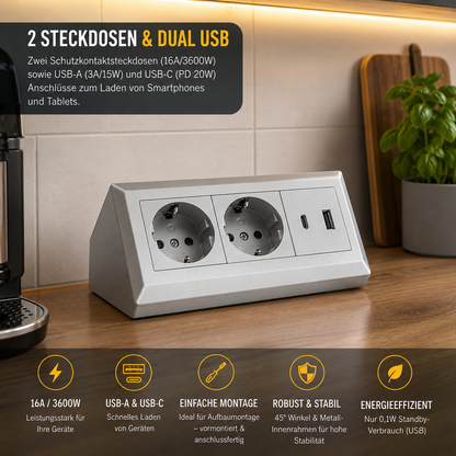 2-fach Steckdosenblock mit USB-A & USB-C – Praktische Stromversorgung in stilvollen Farben