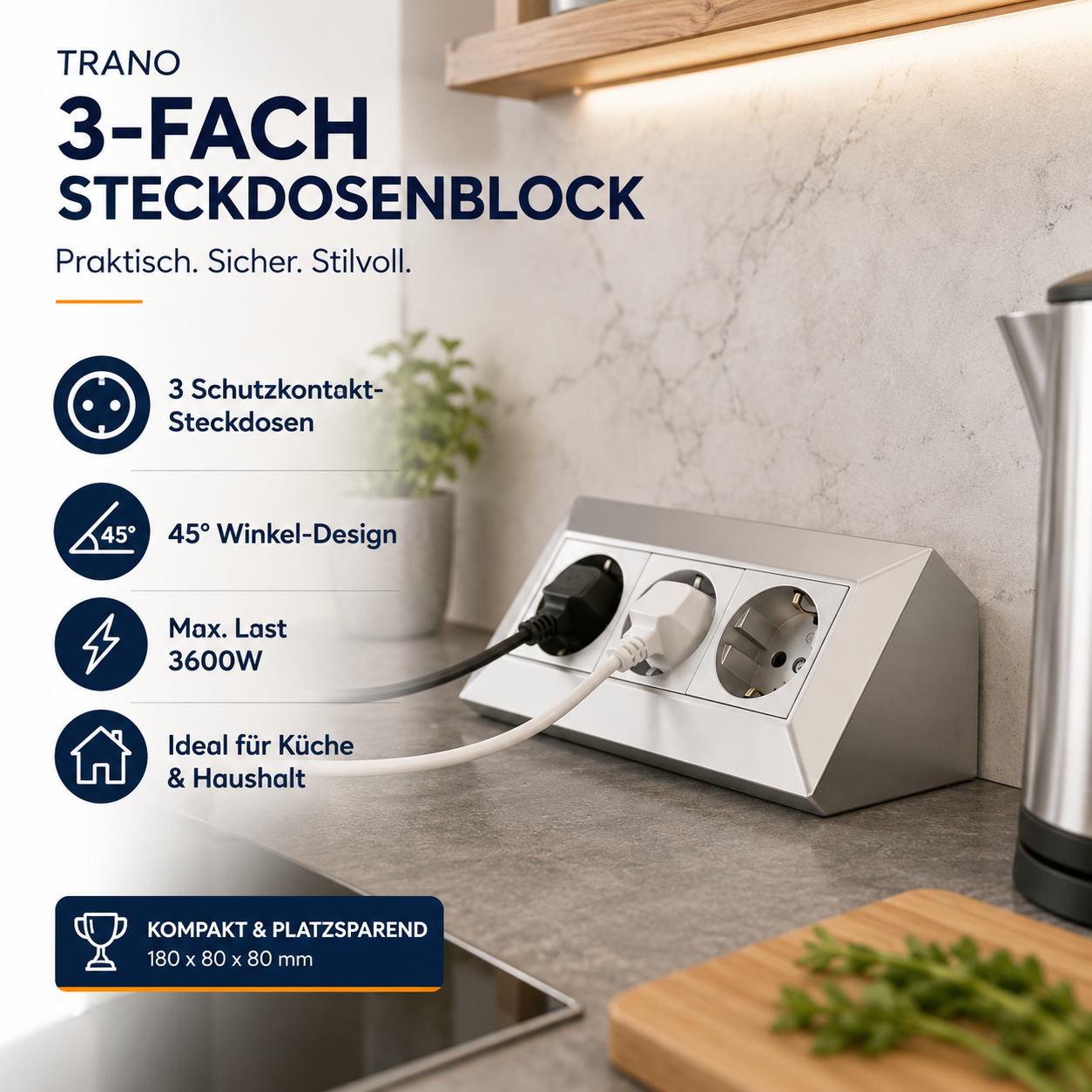 Steckdose Küche Büro 3-fach Kunststoff Ecksteckdose Tischsteckdose