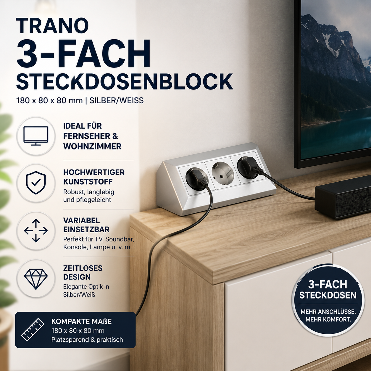 Steckdose Küche Büro 3-fach Kunststoff Ecksteckdose Tischsteckdose