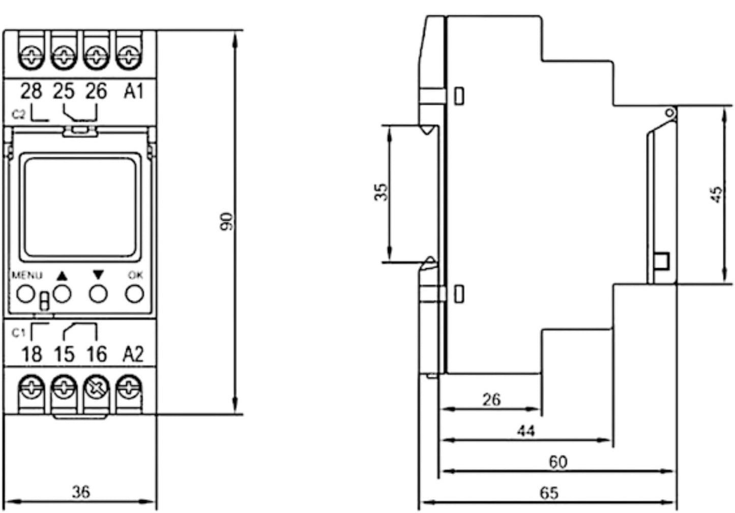 Trano DIN-Schienen-Zeitschaltuhr digital, 100 Programme, 16A/230V, 24–264V AC/DC, astronomisch, 3 Sprachen, 2 Module, IP20