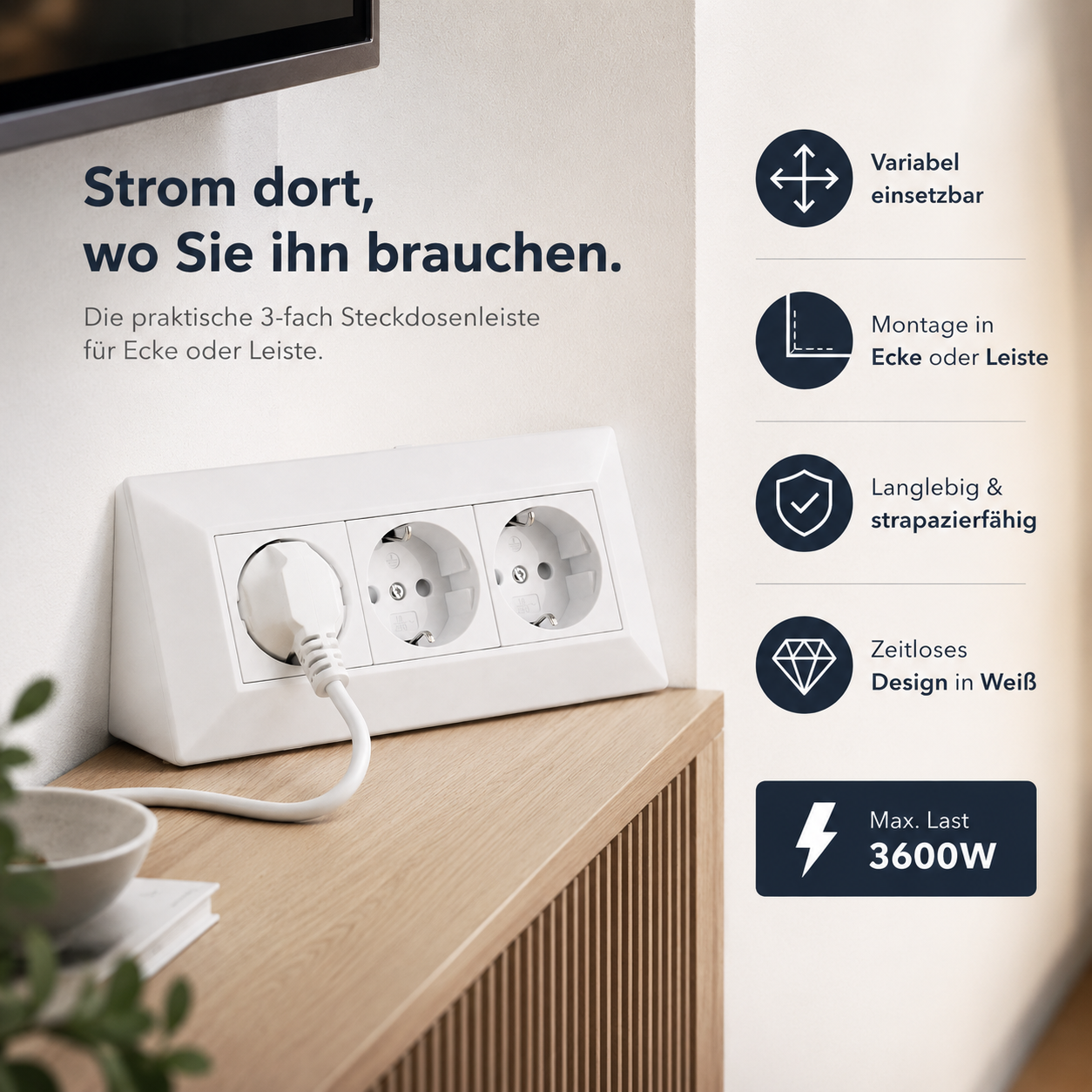 Steckdose Küche Büro 3-fach Kunststoff Ecksteckdose Tischsteckdose