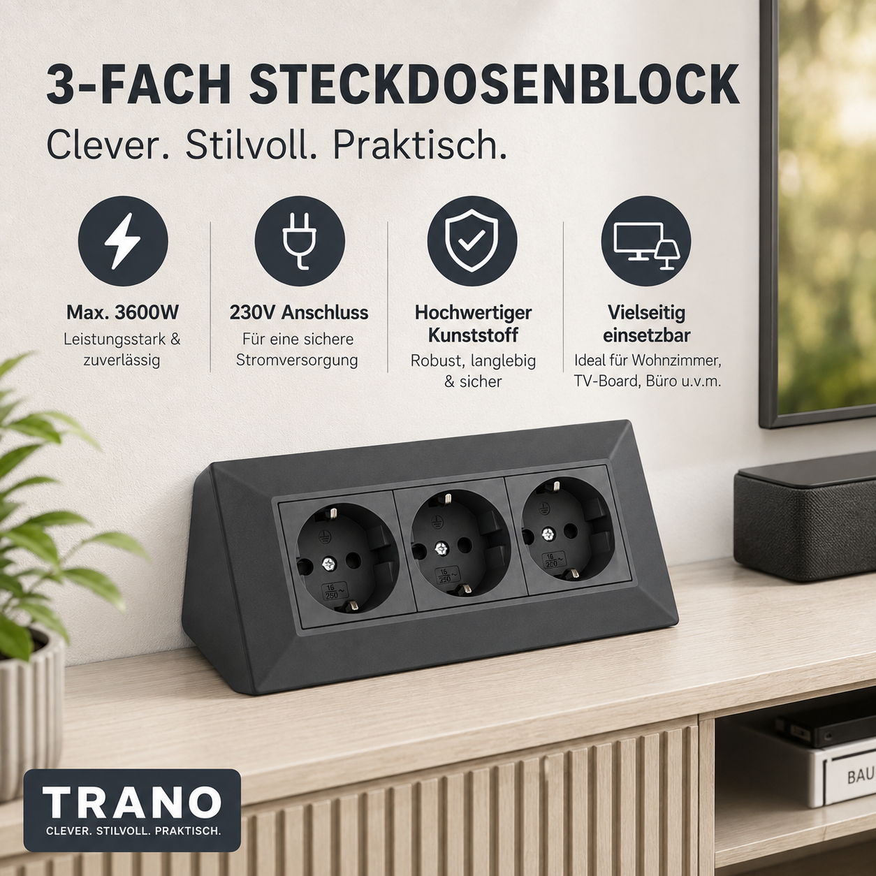 Steckdose Küche Büro 3-fach Kunststoff Ecksteckdose Tischsteckdose