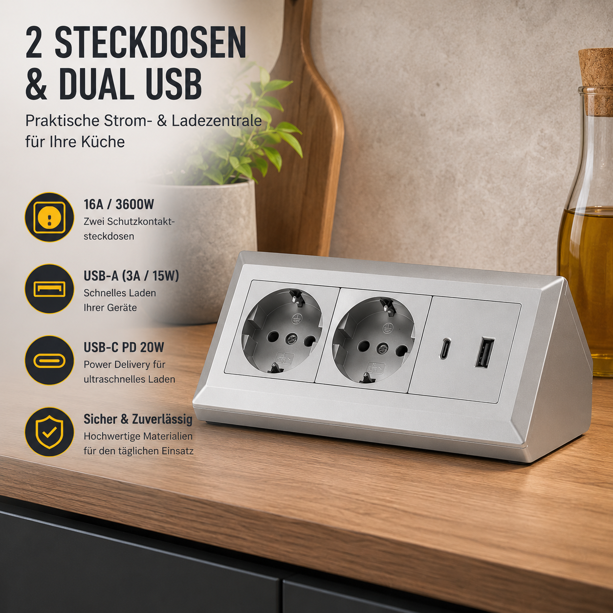 2-fach Steckdosenblock mit USB-A & USB-C – Praktische Stromversorgung in stilvollen Farben