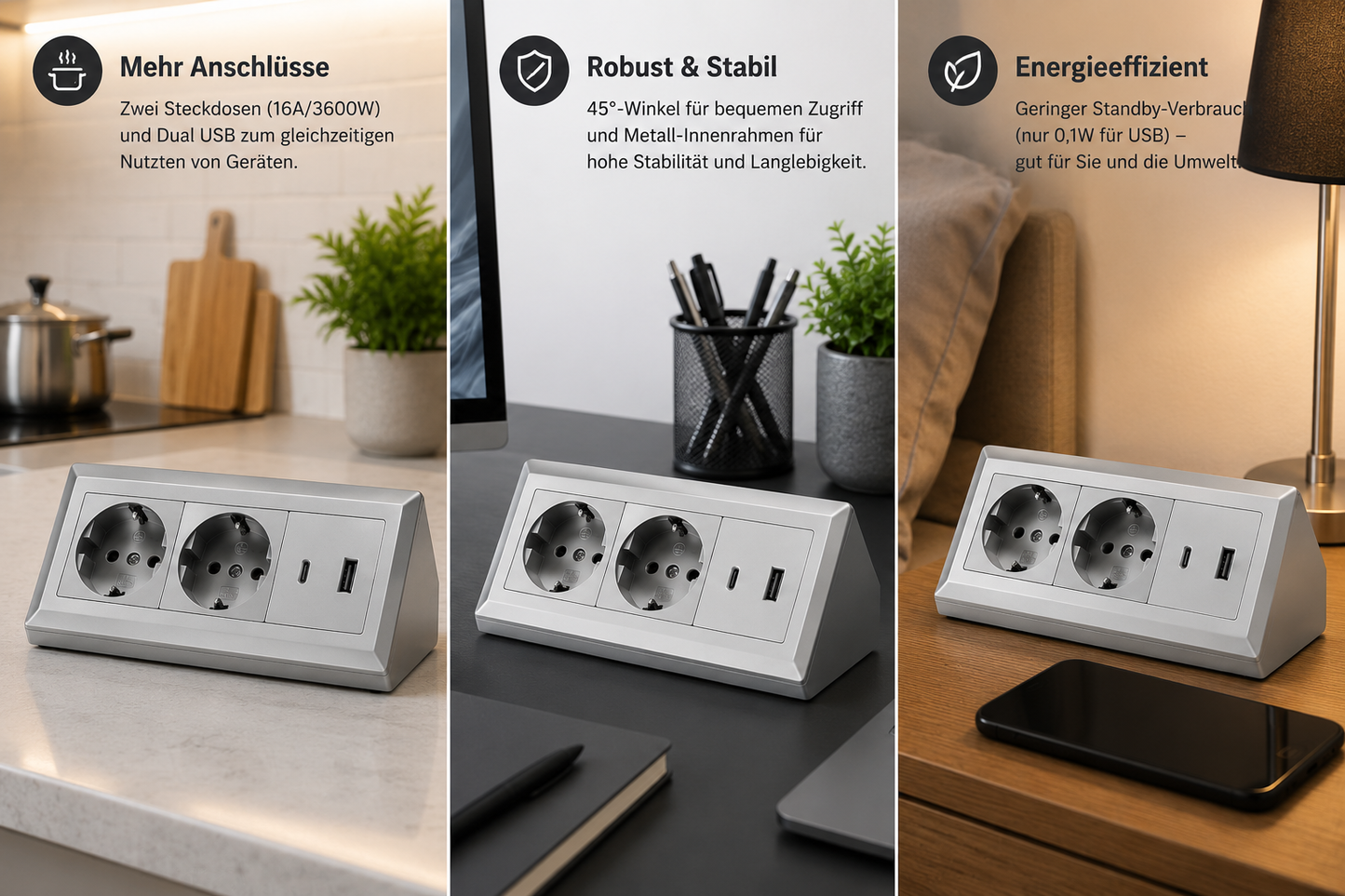 2-fach Steckdosenblock mit USB-A & USB-C – Praktische Stromversorgung in stilvollen Farben