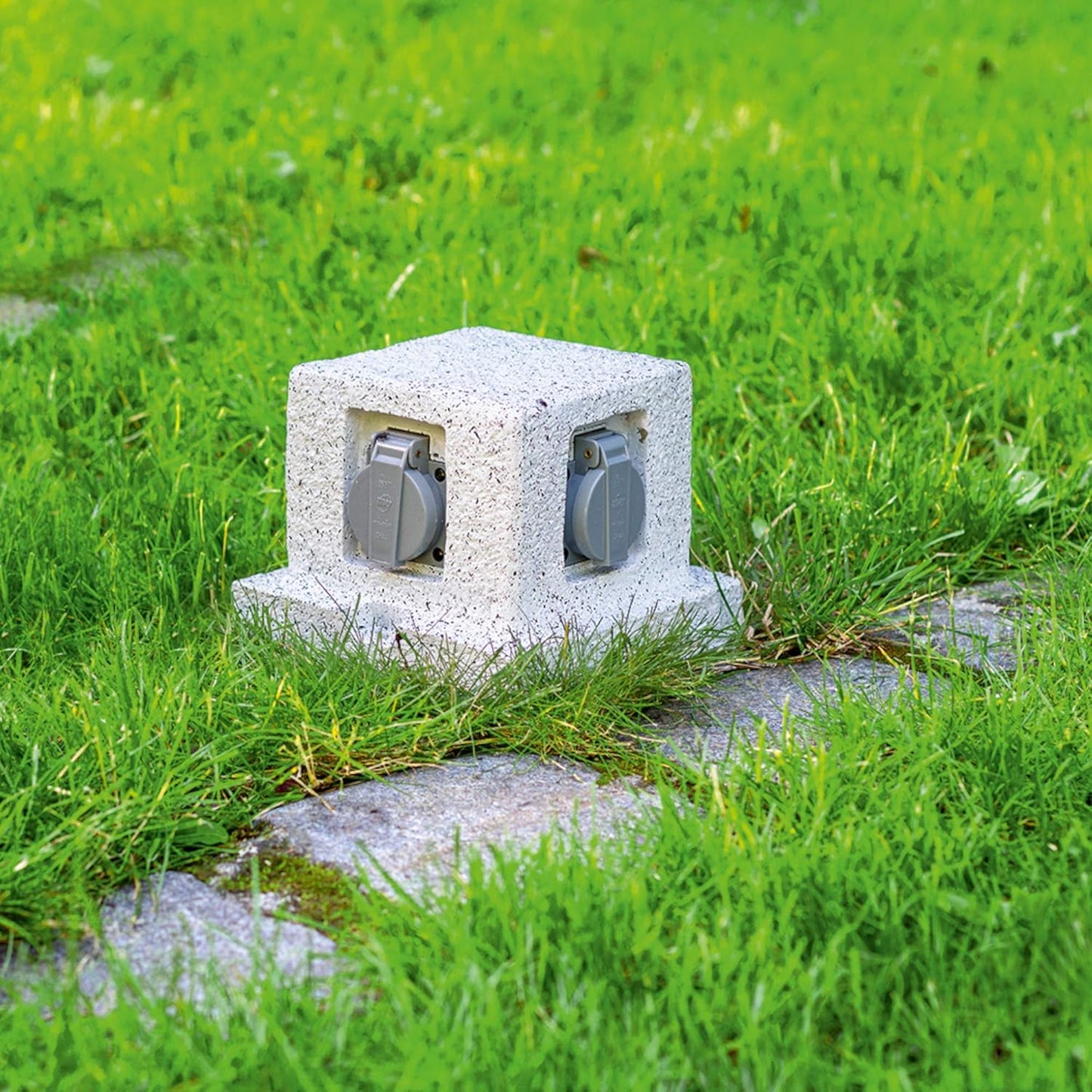 Trano Gartensteckdose Steinoptik 4-fach IP44 wasserdicht, 3m H07RN-F Kabel, 3680W/16A, Schuko Typ F, grau