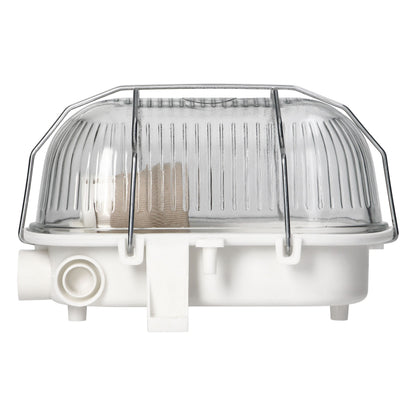 TRANO Kellerlampe Wand-/Deckenleuchte Weiß mit Glasabdeckung E27 IP54 15W max. – Innen & Außen, 230V, 125x115x180mm