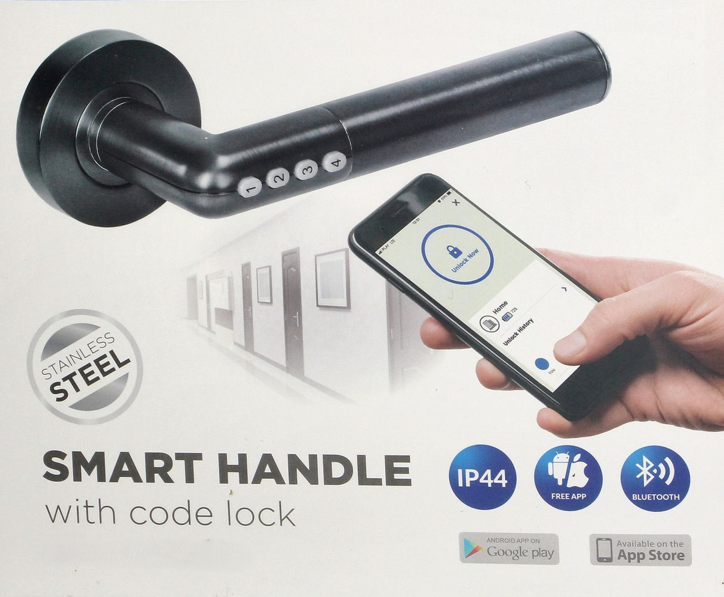 Trano Smart Griff, Elektronische Drückergarnitur mit PIN & Bluetooth 4.0 – IP44, für Türen 38–58 mm, schwarz oder silber, beleuchtet, 2×CR2