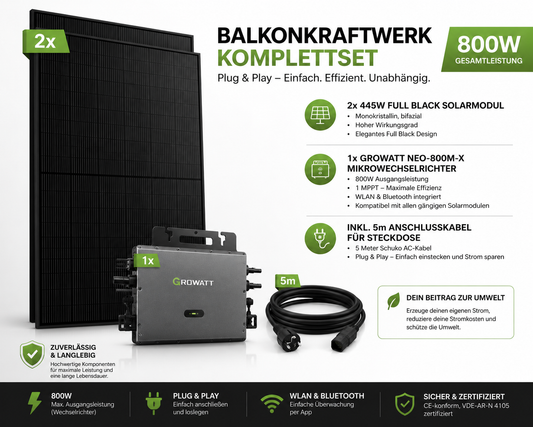 Balkonkraftwerk 890W JA Solar Module & Growat 800W Wechselrichter & Kabel