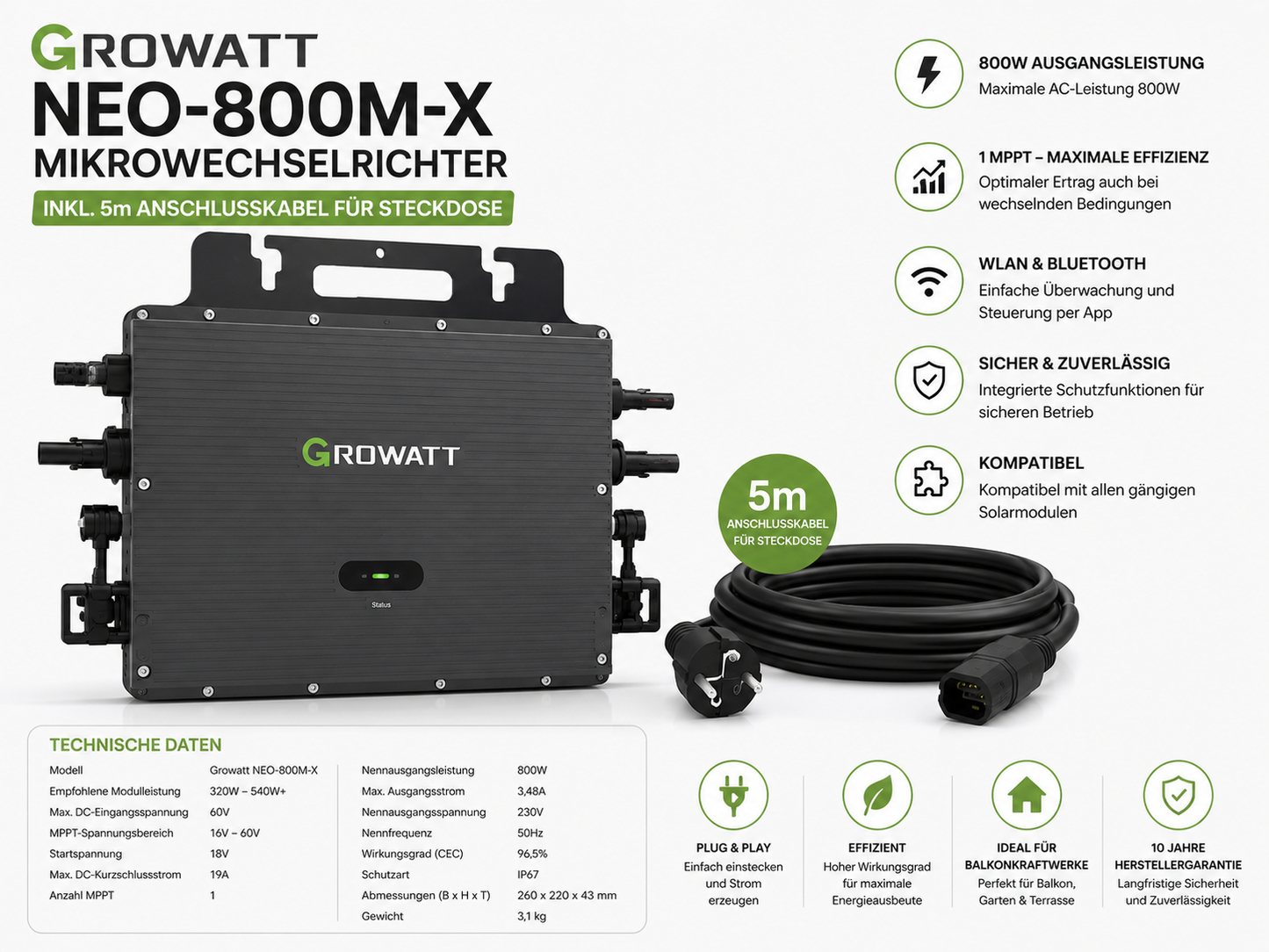 Balkonkraftwerk 890W JA Solar Module & Growat 800W Wechselrichter & Kabel