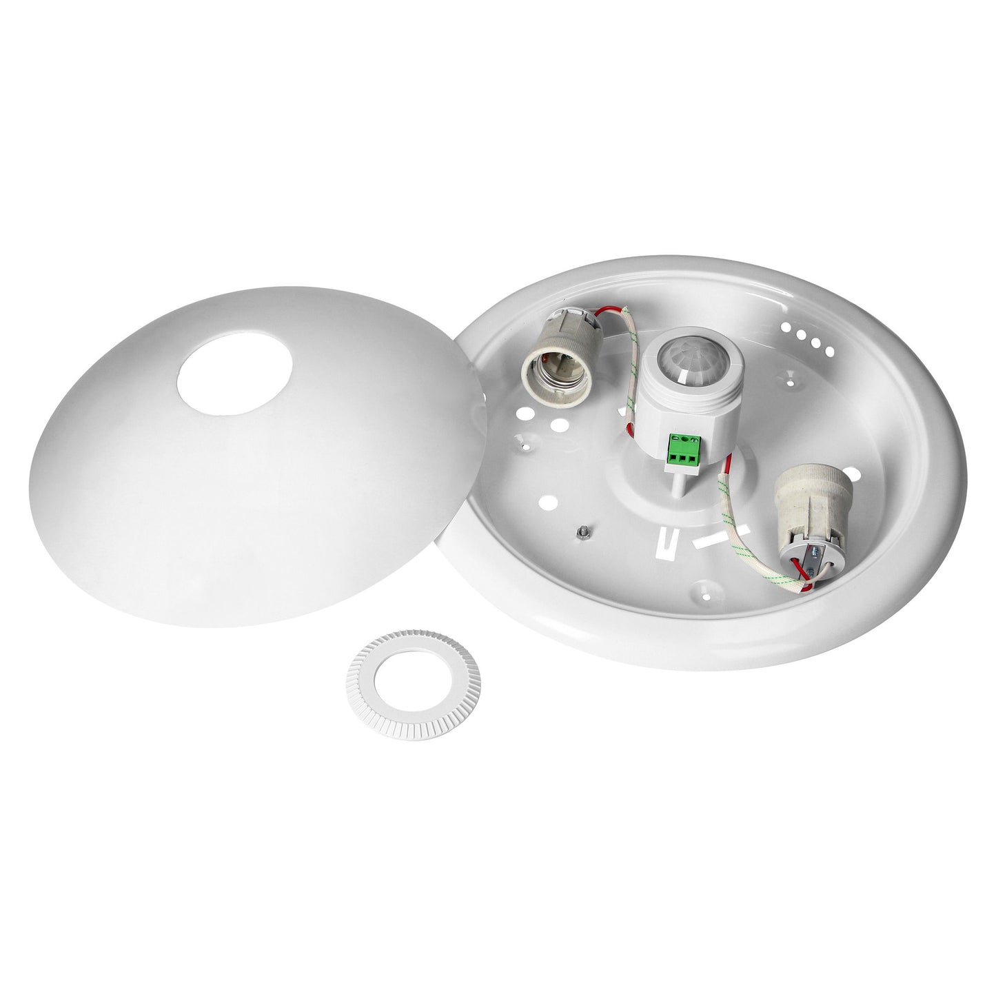 Trano Deckenleuchte mit 360° Bewegungsmelder, 2x18W E27, IP20, Ø300mm, Polycarbonat, PIR Sensor, für Flur Keller Garage