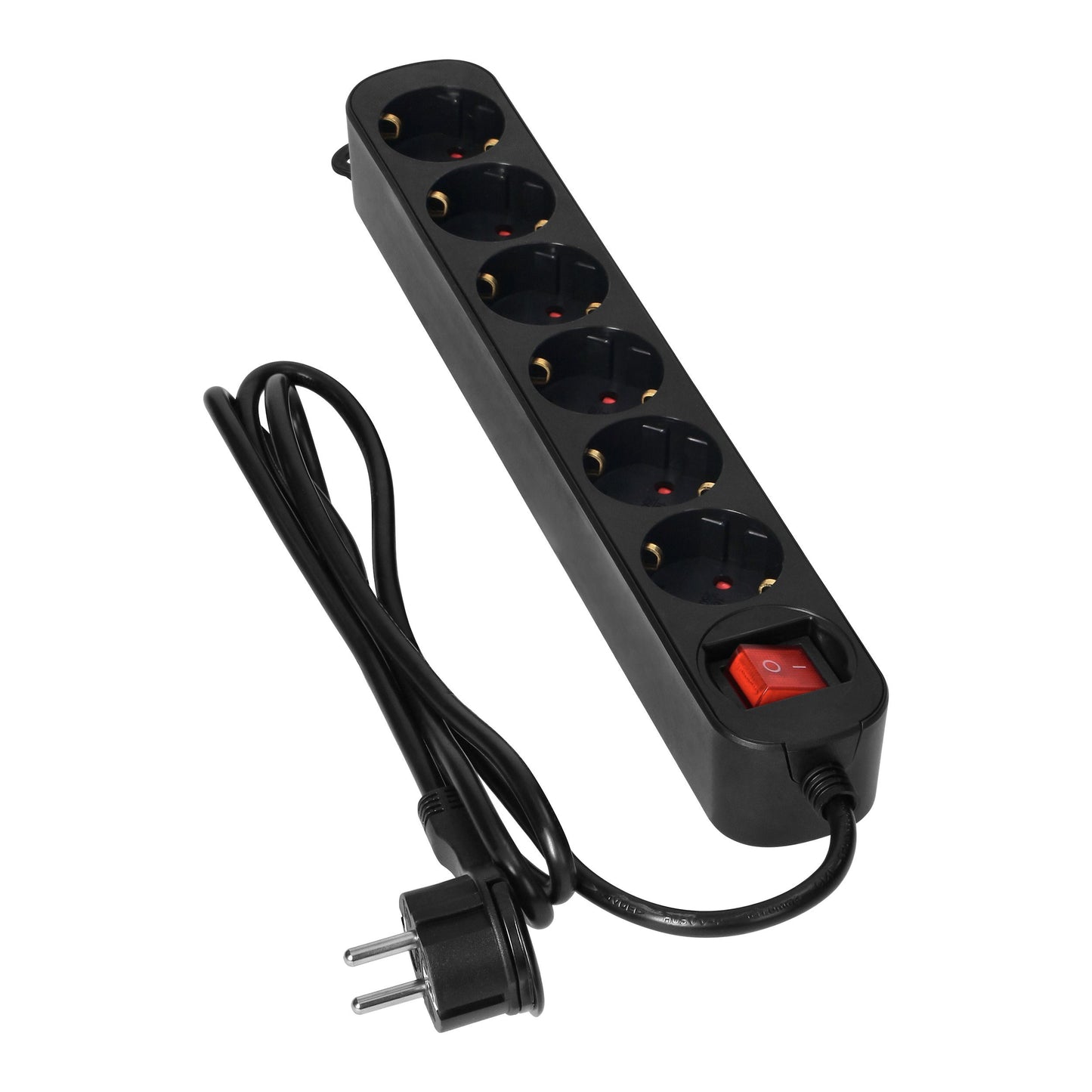 Steckdosenleiste 6-fach (Schuko) Schwarz, Flachstecker, Schalter, 10A