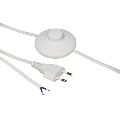 Euro-Netzkabel mit Fußschalter, 2m, Weiß/Schwarz, Blanken Enden, H03VVH2-F, 100W Max