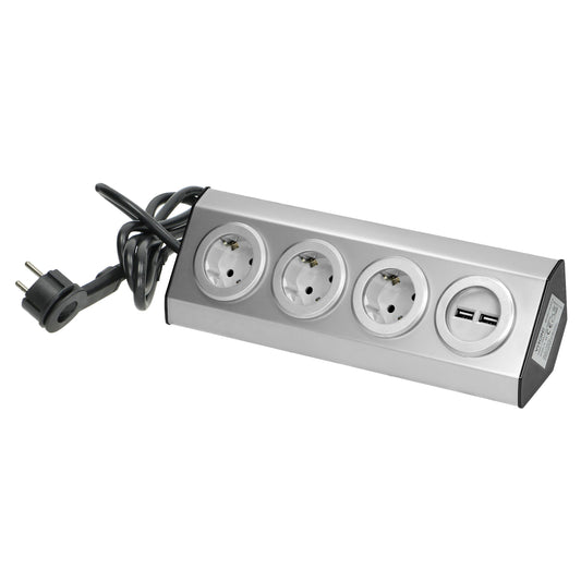 Trano Ecksteckdose 3-Fach mit 2 USB Anschlüssen, 45° Montage, Edelstahl Inox, 3680W 16A, Kabel 1,5m, Küche & Büro