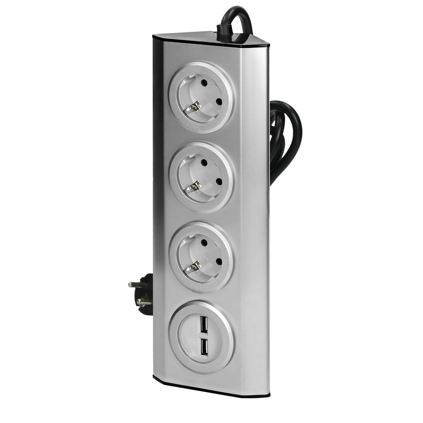 Trano Ecksteckdose 3-Fach mit 2 USB Anschlüssen, 45° Montage, Edelstahl Inox, 3680W 16A, Kabel 1,5m, Küche & Büro