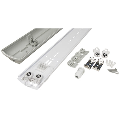 Trano Feuchtraumleuchte 150cm für 2 LED Röhren T8, IP65 Staub- & Strahlwasserschutz, Kellerlampe Werkstatt Garage Lagerhalle, robustes Kunststoffgehäuse, 230V, inkl. Montagematerial