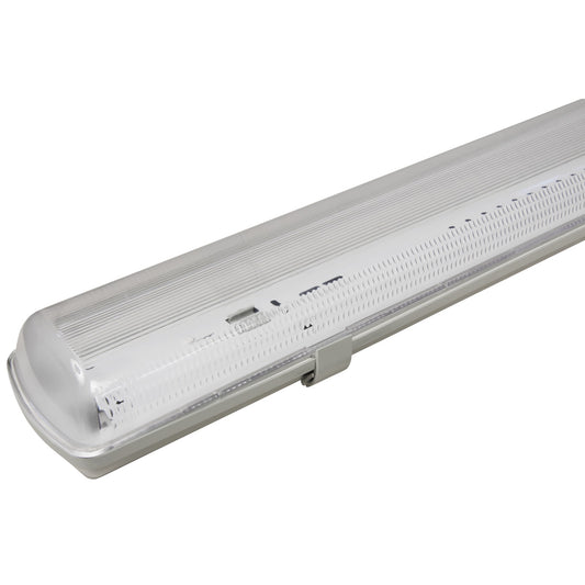 Trano Feuchtraumleuchte 150cm für 2 LED Röhren T8, IP65 Staub- & Strahlwasserschutz, Kellerlampe Werkstatt Garage Lagerhalle, robustes Kunststoffgehäuse, 230V, inkl. Montagematerial