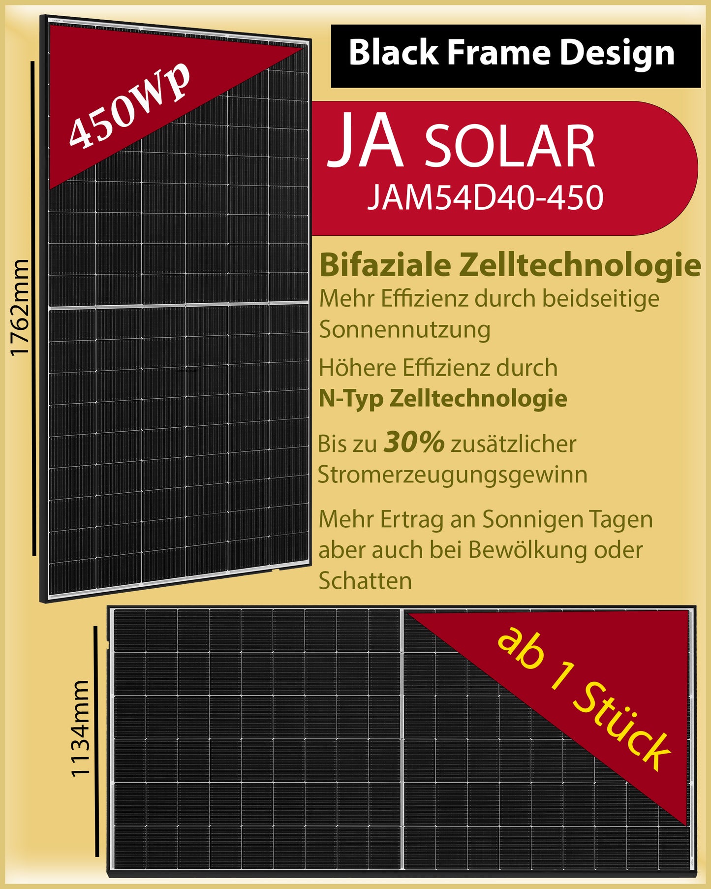 Ja Solar PV-Modul Solarmodul 450W JAM54D40-450 Black