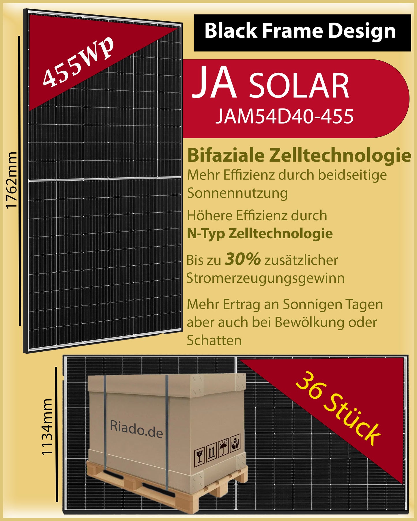 Ja Solar PV-Modul Solarmodul 455W JAM54D40-455 Black 36 Stück (Palette)