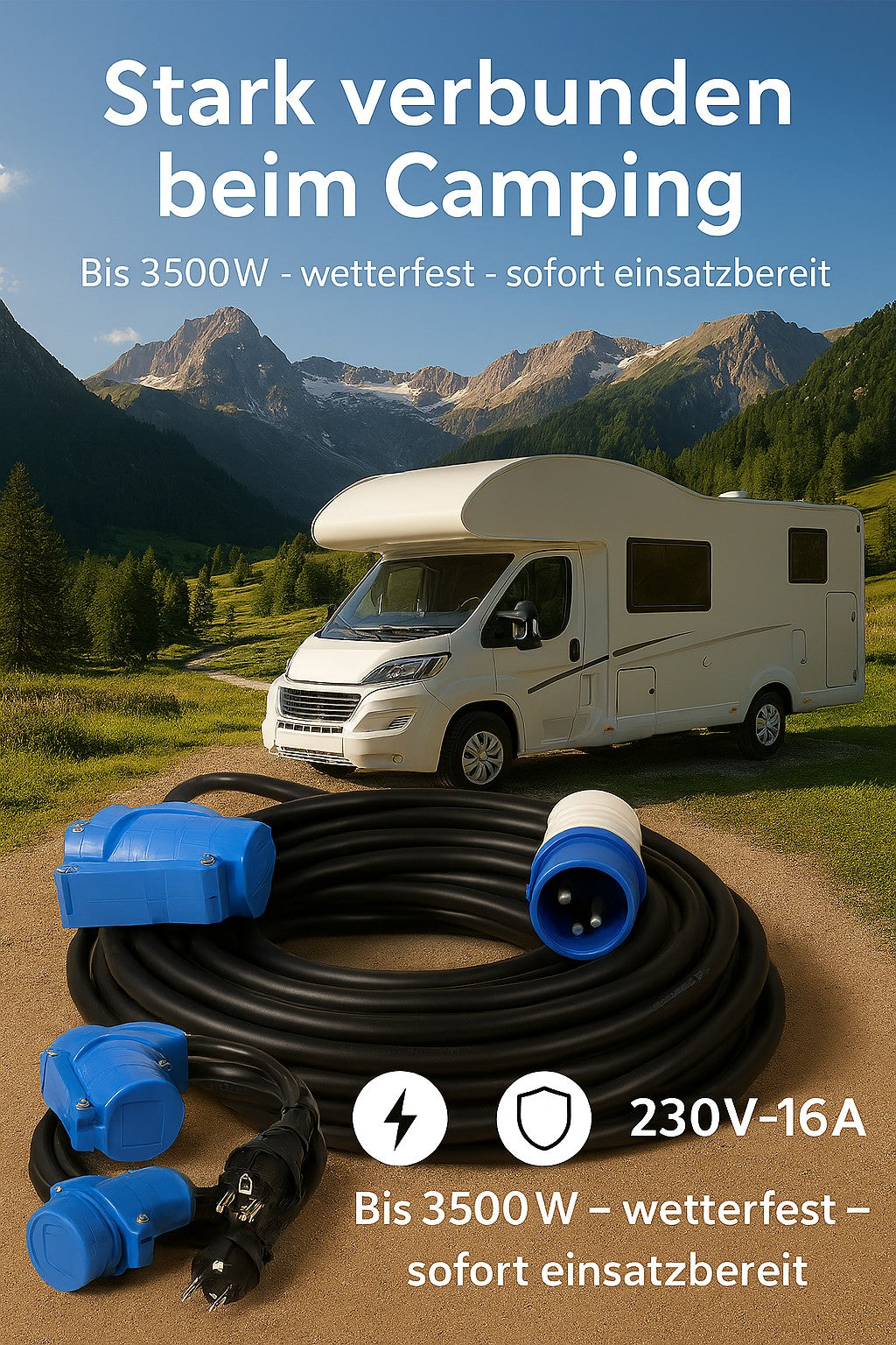 Trano CEE-Kabel-Set: 4-teiliges Camping-Strompaket – Verlängerungs- und Adapterleitungen, IP44, bis 3500W