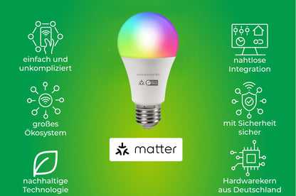 Trano Smart LED Lampe E27, 900lm, RGB & CCT, Matter-zertifiziert, dimmbar