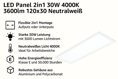 LED Panel 2in1 30W 4000K 3600lm 120x30 cm – Vielseitige Deckenbeleuchtung
