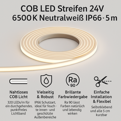 LED Streifen 320 COB 24V 6500K 8W IP66 – 5m Rolle, Nahtloses Licht
