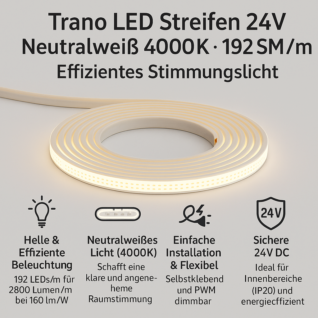 5m LED Streifen 4000K Neutralweiß – 24V, 192 LEDs/m, 17,5W/m