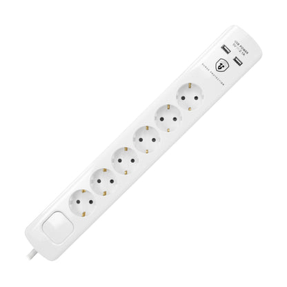 Hochwertige Steckdosenleiste, 6 Schuko-Steckdosen, 2x USB, 3m Kabel