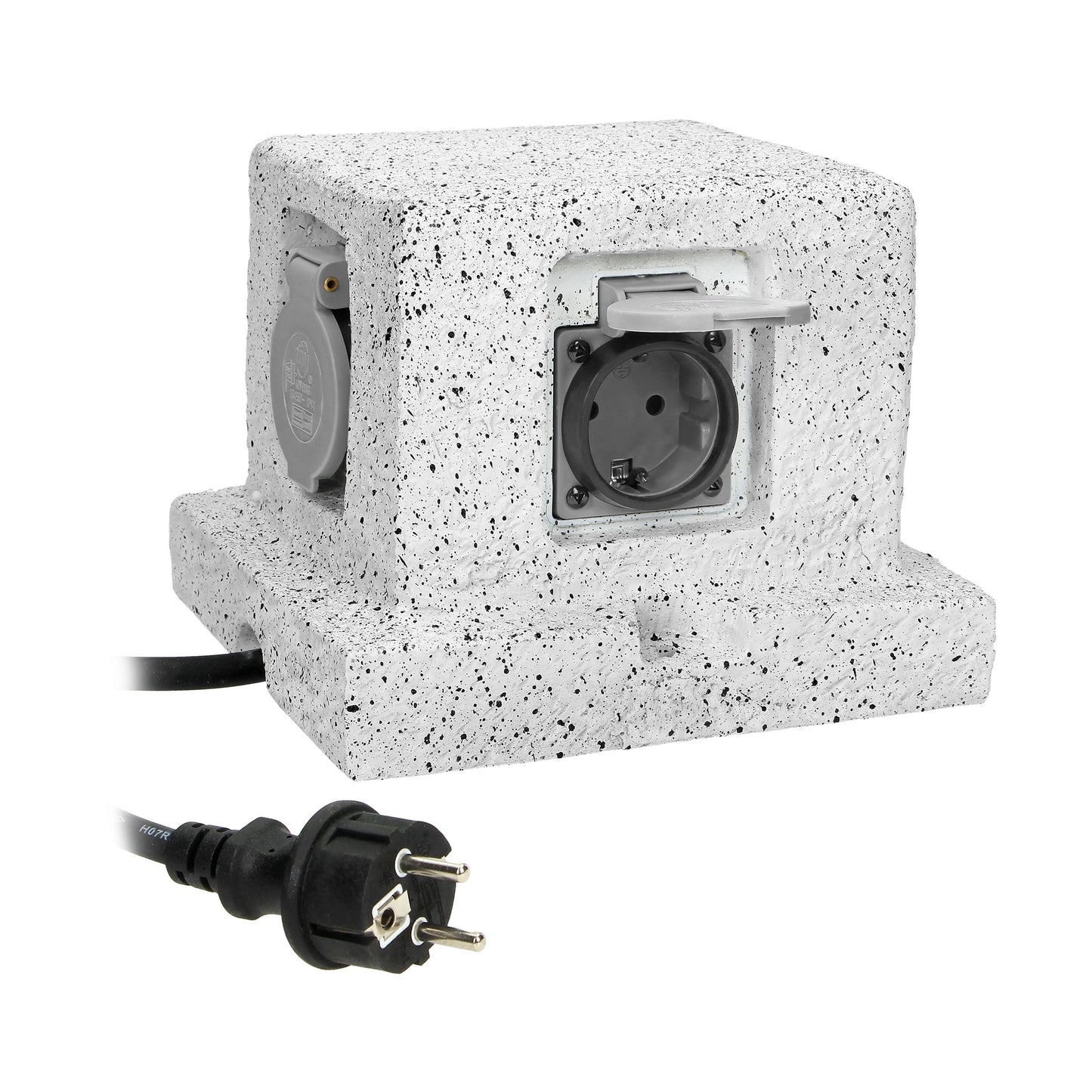 Trano Gartensteckdose Steinoptik 4-fach IP44 wasserdicht, 3m H07RN-F Kabel, 3680W/16A, Schuko Typ F, grau
