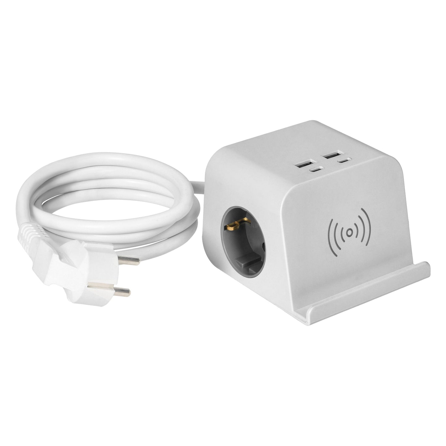 Trano Tischsteckdose mit USB & Induktiv-Ladefunktion, 2x Schuko, 4x USB-A/C, 3680W, 1,4m Kabel, Schraubklemme, Weiß, IP20, 230V