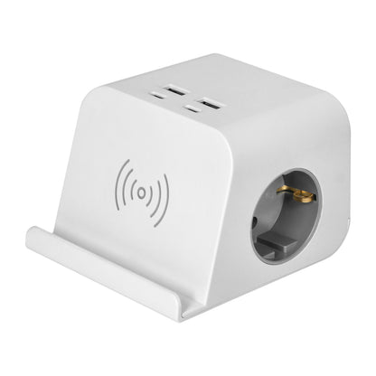 Trano Tischsteckdose mit USB & Induktiv-Ladefunktion, 2x Schuko, 4x USB-A/C, 3680W, 1,4m Kabel, Schraubklemme, Weiß, IP20, 230V