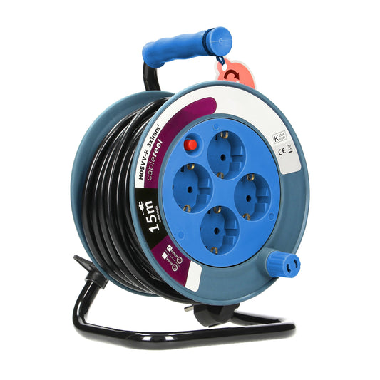 MINI Trommelverlängerung 15m, 4x2P+E, Türkis, Schuko, 2300W/10A