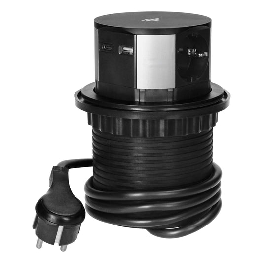 Trano Versenkbare Tischsteckdose Ø10cm mit 3x Schuko, USB-A+C QC 3.0, Qi Induktiv 10W, 1,5m Kabel, IP20, Schwarz