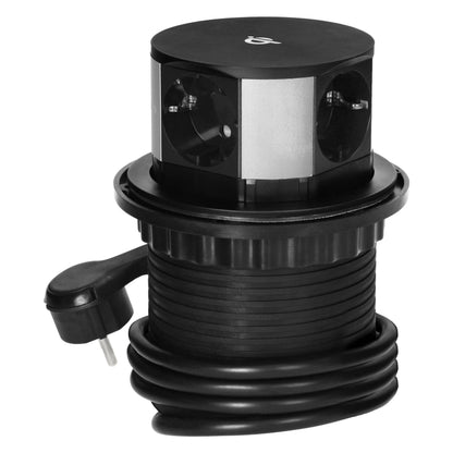 Trano Versenkbare Tischsteckdose Ø10cm mit 3x Schuko, USB-A+C QC 3.0, Qi Induktiv 10W, 1,5m Kabel, IP20, Schwarz