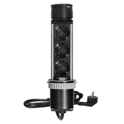 Trano Möbelsteckdose Versenkbar Ø60mm, 3x Schuko Typ F, 2x USB (A+C), 3680W, Edelstahl,1,5m Kabel, IP20, ausziehbar