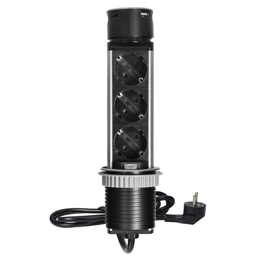 Trano Möbelsteckdose Versenkbar Ø60mm, 3x Schuko Typ F, 2x USB (A+C), 3680W, Edelstahl,1,5m Kabel, IP20, ausziehbar