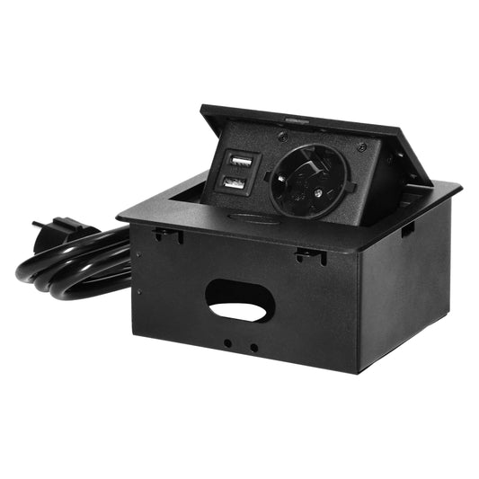 Trano Einbau Steckdose Schuko Typ F mit 2x USB-A Ladeanschluss 5V/2,1A, 1,5m Kabel, 3680W, IP20, Schwarz, flache Kante