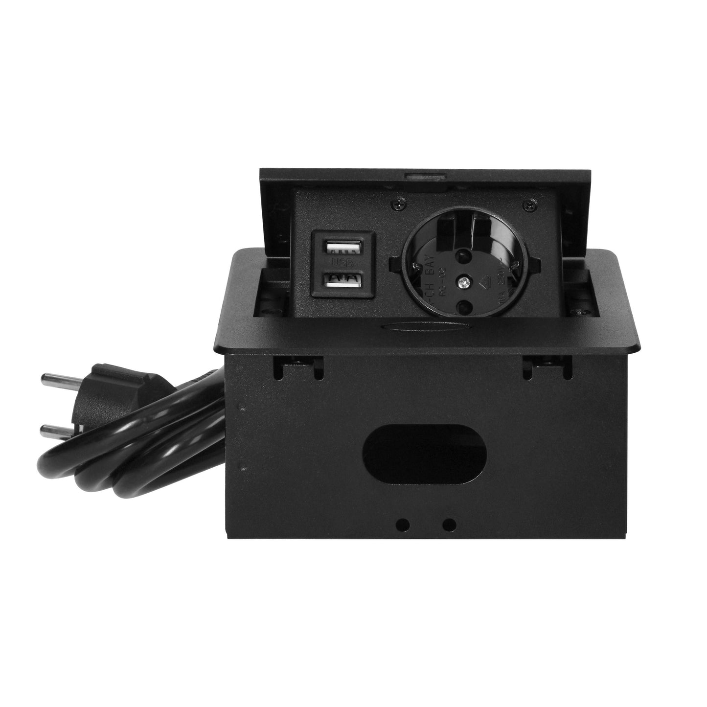 Trano Einbau Steckdose Schuko Typ F mit 2x USB-A Ladeanschluss 5V/2,1A, 1,5m Kabel, 3680W, IP20, Schwarz, flache Kante