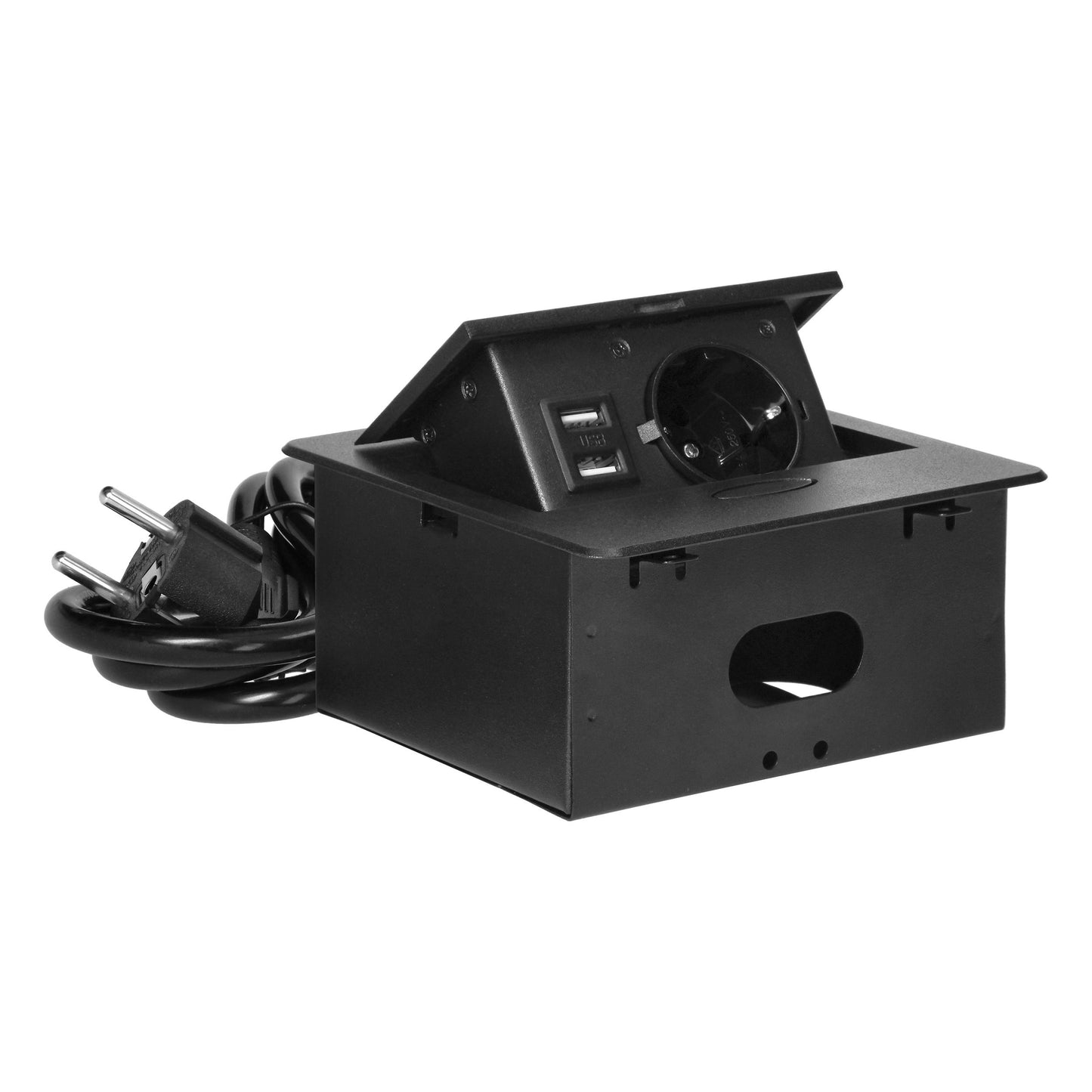 Trano Einbau Steckdose Schuko Typ F mit 2x USB-A Ladeanschluss 5V/2,1A, 1,5m Kabel, 3680W, IP20, Schwarz, flache Kante