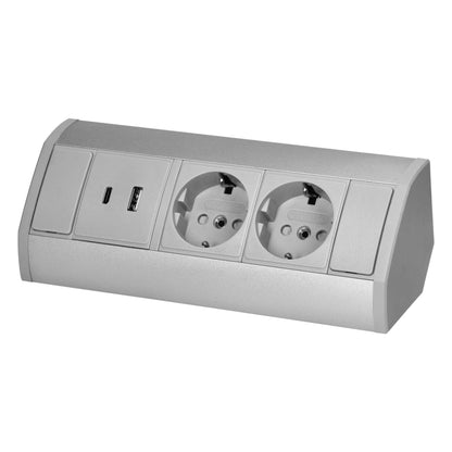 Trano Möbel-Steckdose grau | 2x/3x Schuko + USB A+C | 230V, 3680W, IP20, Kabel 0,6m, moderne Einbau-Steckdosenleiste