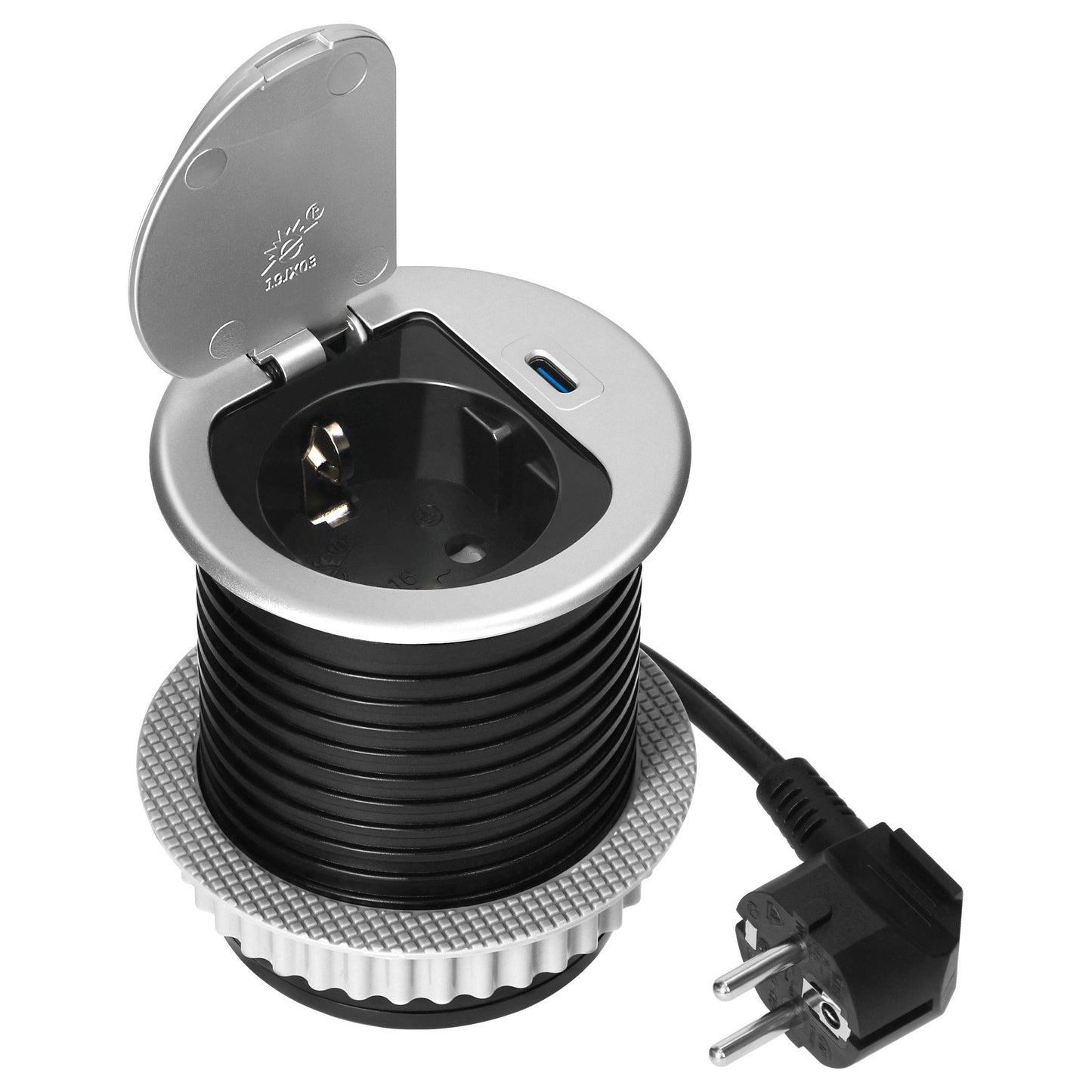 Trano Einbau Steckdose Ø6cm mit Abdeckung, 1x Schuko 3680W + USB-C PD 20W, 1,9m Kabel, Silber/Schwarz, IP20