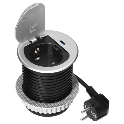Trano Einbau Steckdose Ø6cm mit Abdeckung, 1x Schuko 3680W + USB-C PD 20W, 1,9m Kabel, Silber/Schwarz, IP20