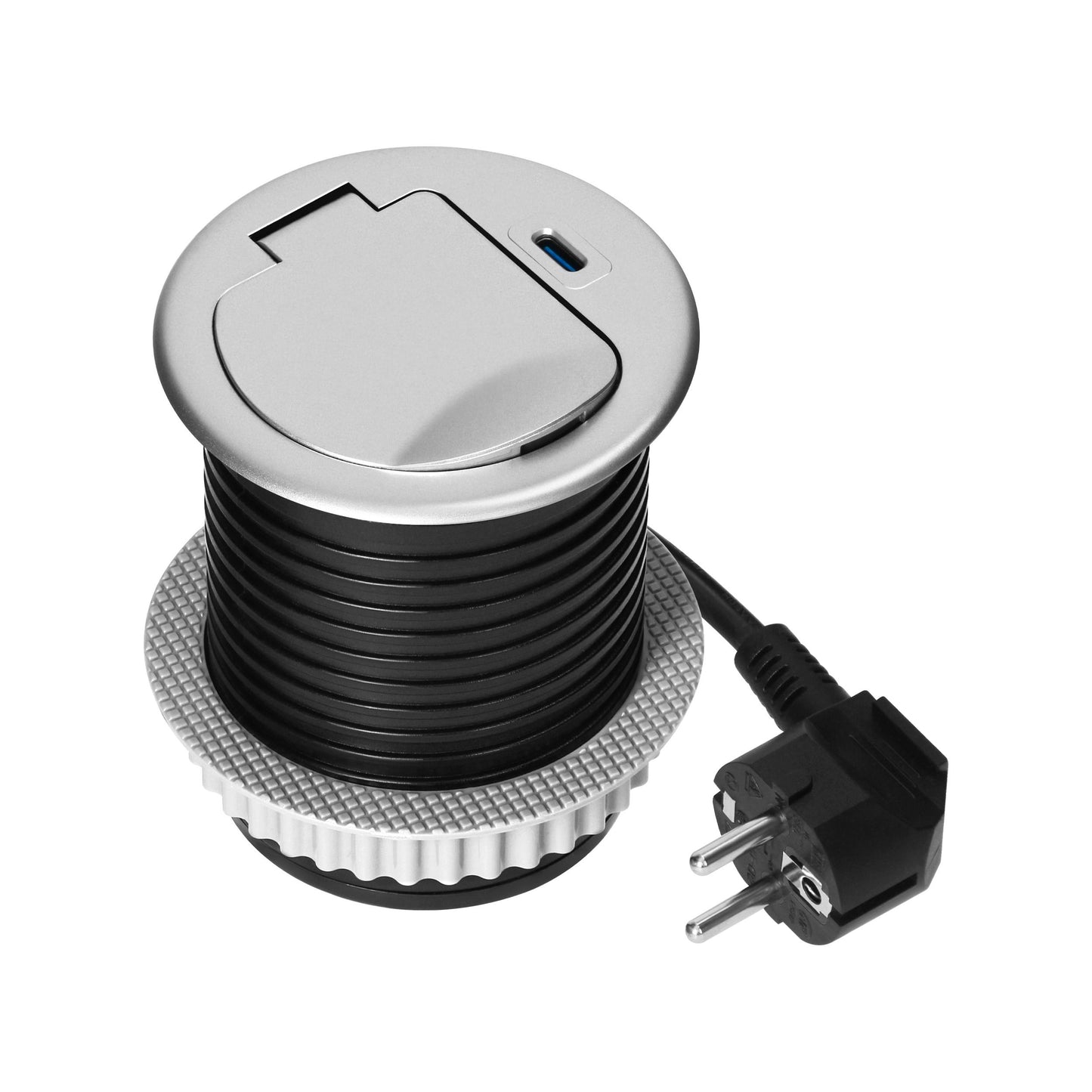Trano Einbau Steckdose Ø6cm mit Abdeckung, 1x Schuko 3680W + USB-C PD 20W, 1,9m Kabel, Silber/Schwarz, IP20