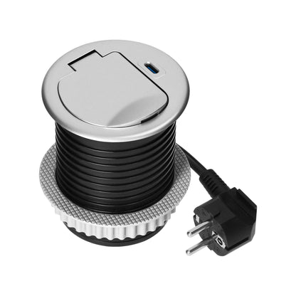 Trano Einbau Steckdose Ø6cm mit Abdeckung, 1x Schuko 3680W + USB-C PD 20W, 1,9m Kabel, Silber/Schwarz, IP20